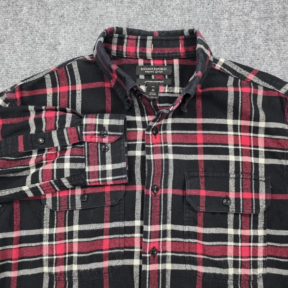 Banana Republic Shirt Mens Tall Medium Black Red Plaid Flannel Organic Untucked